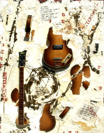 "Hofner Art"
3-Dimensional piece
Hofner Bass guitar, wire, paper collage.